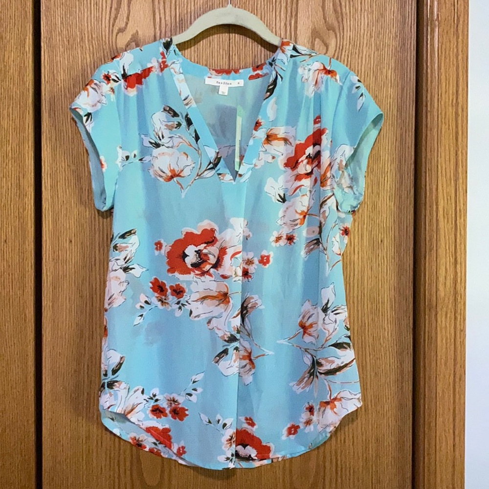 Size S | Blue, Orange, White | V-Neck Blouse